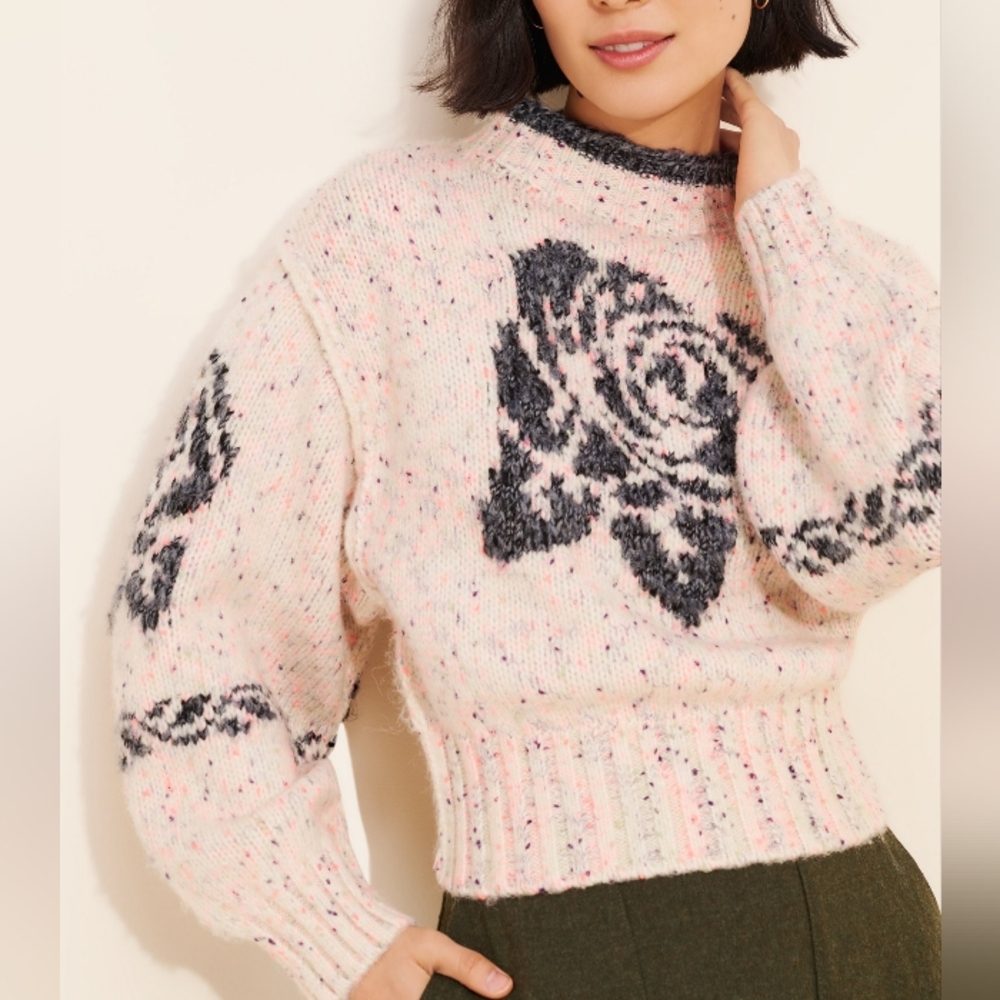 Kimchi Blue Speckled Cream and Multicolor Rose Sweater